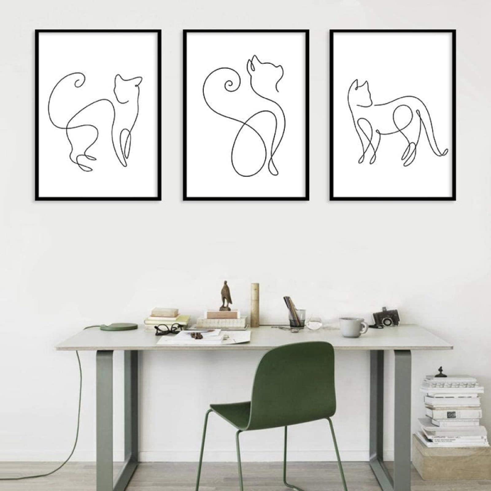 Linie Katze Kunst Leinwanddruck Malerei Minimalist Picasso Poster Drucke Schwarz Weiß Wandkunst Bilder für Wohnzimmer Home Decoration Rahmenlos 50×70cm×3pcs