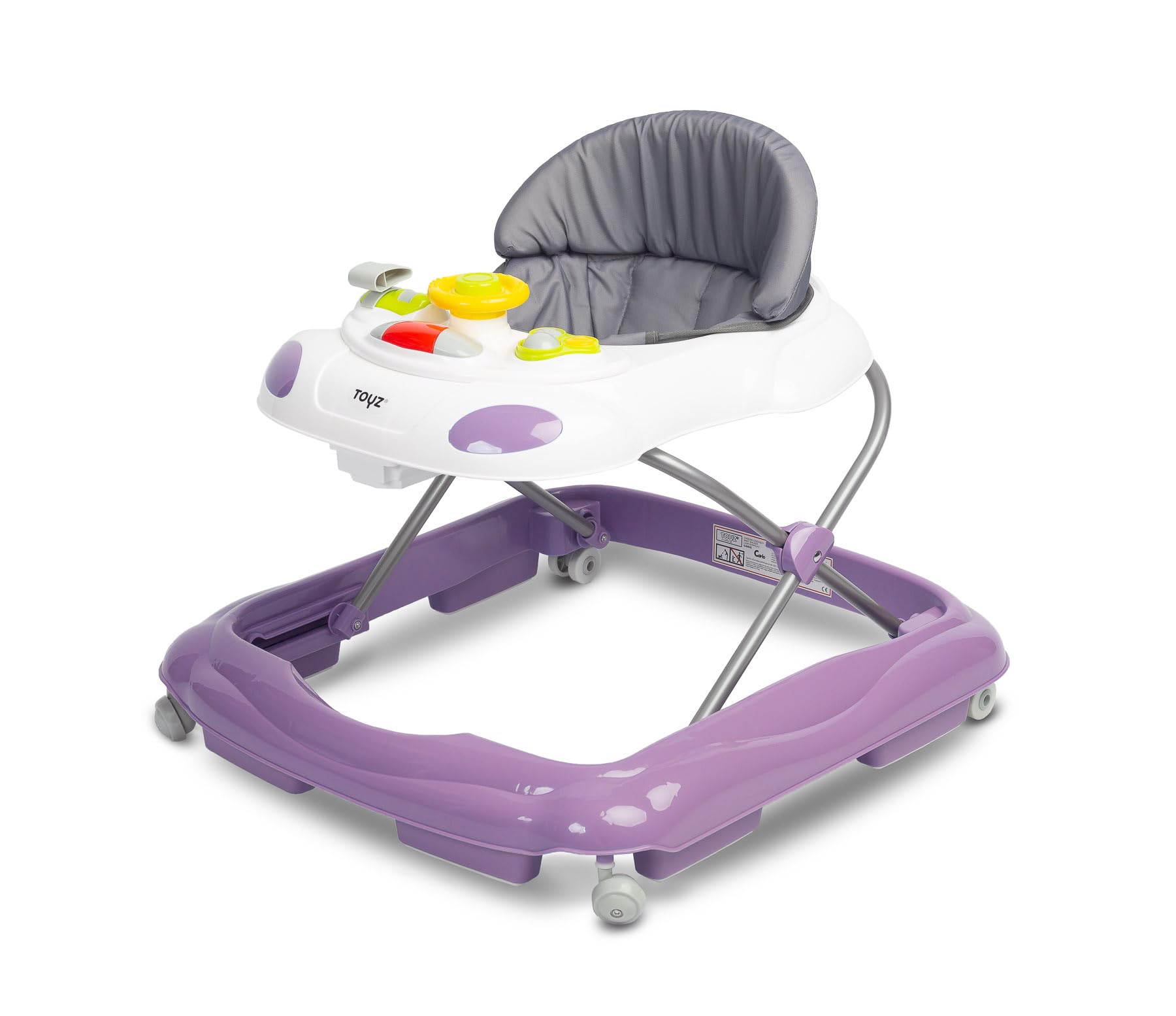 TOYZ - Cario Baby Walker - Baby Lauflernhilfe ab 6 Monate bis 12 kg - Lauflernwagen für Kinder mit Motiv Auto - mit weichem Sitz und Musik - Höhenverstellbar, Klappbar - 65 x 60 x 54 cm - Lila