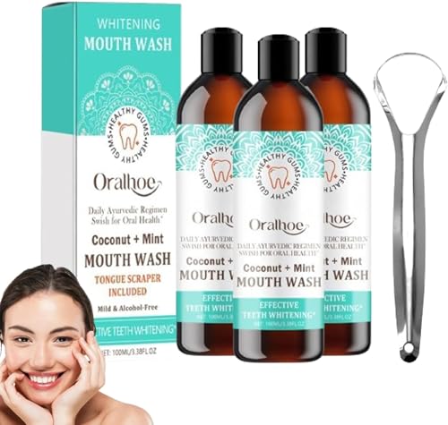 Oralhoe Coconut Mint Mouthwash, Oralhoe Coconut Mouthwash, Mint Oil Pulling Mouthwash with Tongue Scraper, Oralhoe Mouthwash Natural Ingredients for Better Oral Health (3pcs)