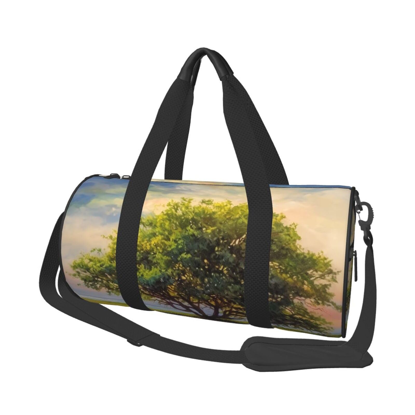 Summer Tree Reisetasche, Handgepäcktasche, Wochenendtasche, Übernachtungstasche, Sport, Turnbeutel für Damen und Herren, faltbar, runde Reisetasche für Reisen, Sport, Fitnessstudio, Schwarz,