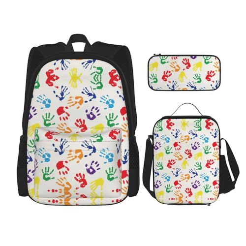 WURTON Schulrucksack-Set mit bunten Handformen, Regenbogen-Druck, 3-in-1, Büchertaschen-Set mit Lunchbox, Federmäppchen, Reise-Laptop-Tagesrucksäcke