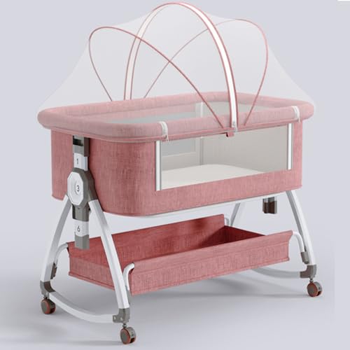 Gvqng 4-In-1-Tragbare Wiege, Babywiege, Beistellwiege FüR Babys, Beistellbett Mit RäDern, Moskitonetz Und Aufbewahrungskorb, 6-Fach HöHenverstellbar Schaukelwiege,B