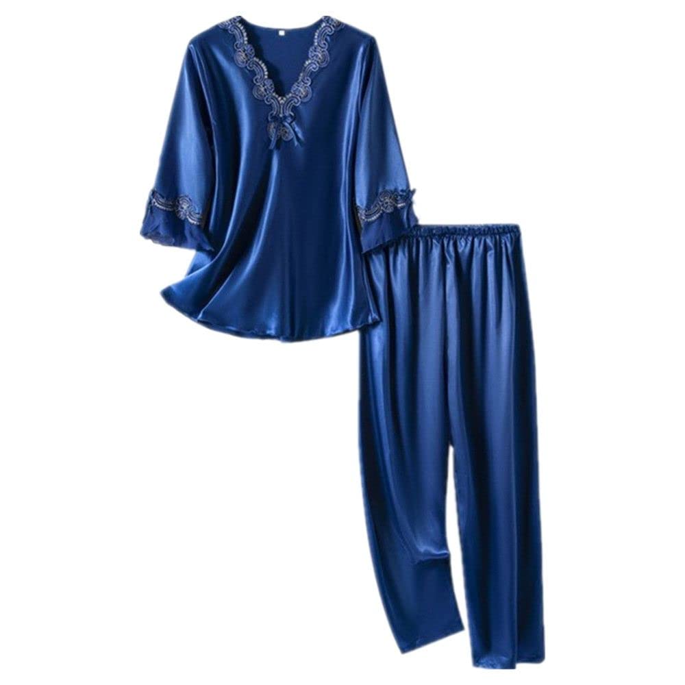 NP NP Stück Damen Pajama Sets Satin Seide Dreiviertelärmel Nachtwäsche Deep Blue, Medium