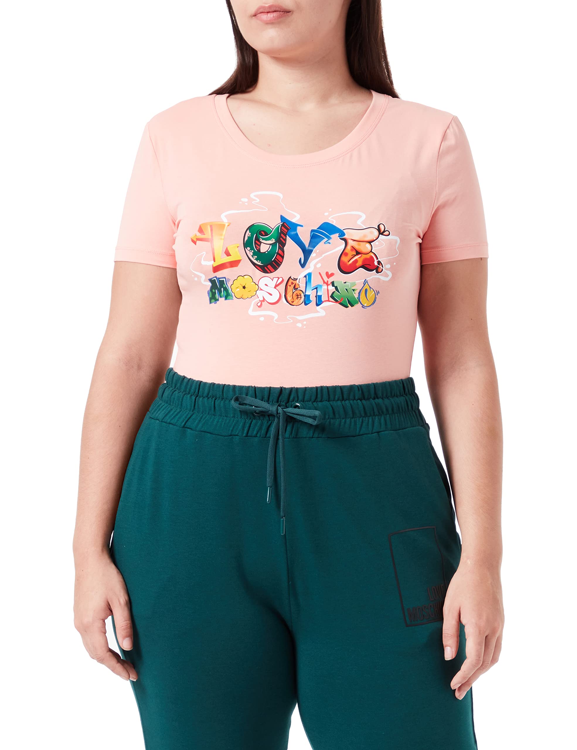 Love Moschino Damen Tight-fitting Short Sleeves With Graffiti Print T Shirt, Rosa, 40 EU