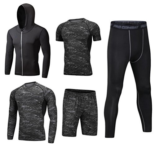 Dooxi Herren 5 Stücke Sport Anzug Schnell Trocken Joggen Kleidung Strumpfhosen Laufanzüge Kompression Shirt Gym Training Lauf Trainingsanzüge 3XL