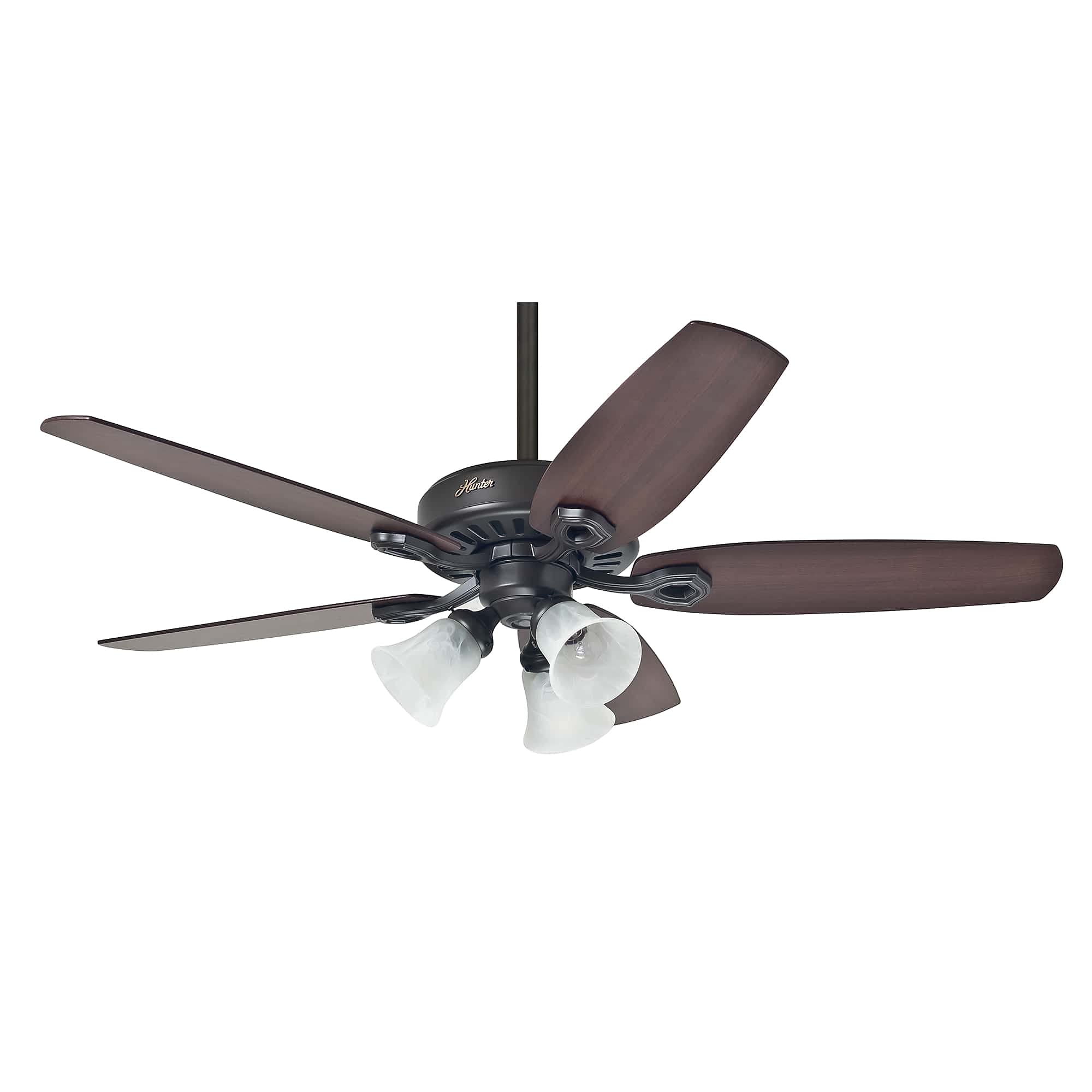 HUNTER FAN Deckenventilator Builder Plus 132 cm, m. Beleuchtung & Zugschalter, Bronze Neu, 5 umkehrbare Flügel in brasilianischer Kirsche & Nussbaum gelb, optimal für Sommer oder Winter, Modell 50562