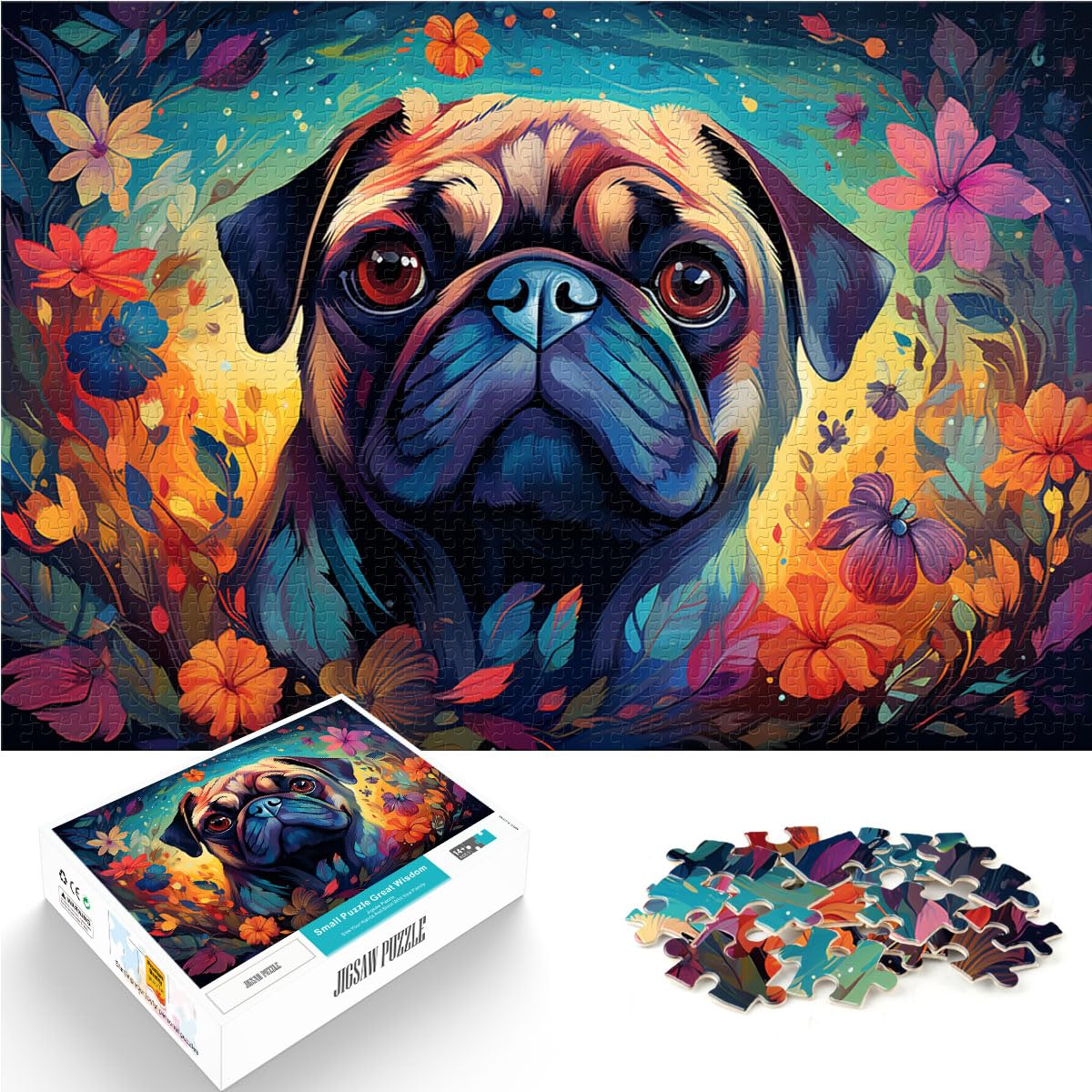 Puzzles Buntes psychedelisches Gemälde eines Mopses Puzzles 1000 Teile Holzpuzzle Familienspiel zum Stressabbau Schwieriges Herausforderungspuzzle 1000 Teile (50 x 75 cm)