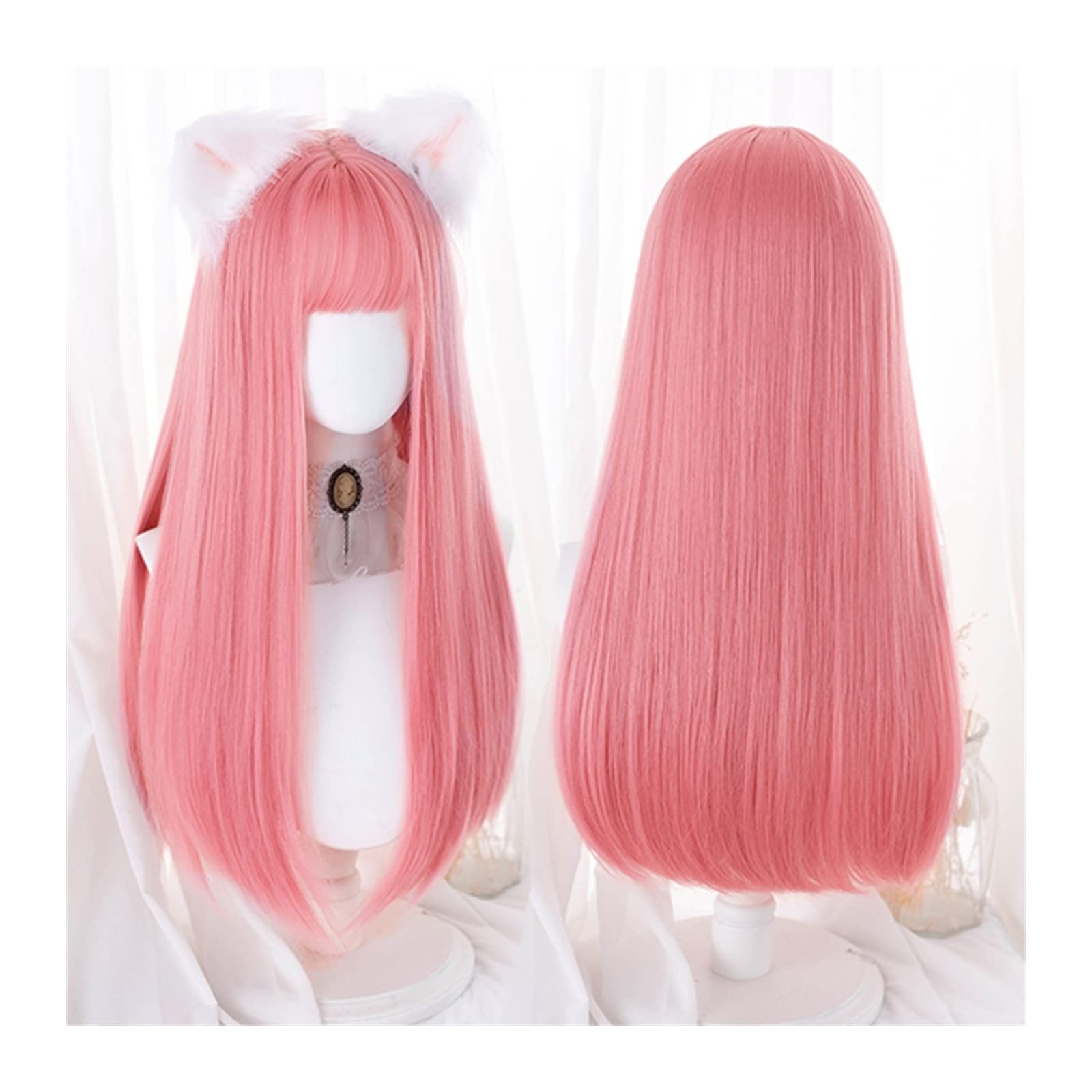 Perücke für Frauen Lange gerade synthetische Perücke for Frauen Mädchen Rosa Lolita Cosplay Perücke mit Pony Natürliche matte hitzebeständige Perücke for Partykostüme Halloween Human Hair Wig