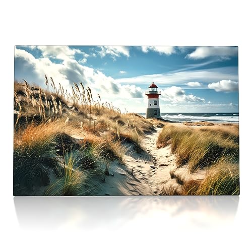 Leuchtturm - Leinwand Bild - Nordsee, Ostsee, Sylt Wandbild Wohnzimmer Kunst Druck Bilder Wand Deko Dünen Gras Meer (60 x 40 cm, Leinwand auf Keilrahmen)