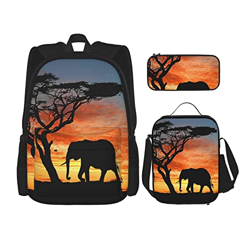 DENMER Mehrzweck-Schulranzen mit tropischem Strand, Palme, Sonnenuntergang, mit passendem Federmäppchen und Lunch-Tasche, Ihre stilvolle All-in-One-Lösung, Afrikanischer Elefant, Einheitsgröße