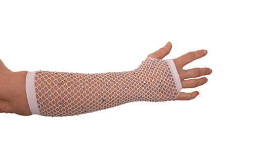 PartyXPeople Lange fingerlose Netzhandschuhe mit Strass Fischnetz-Handschuh 80er weiß 6302640