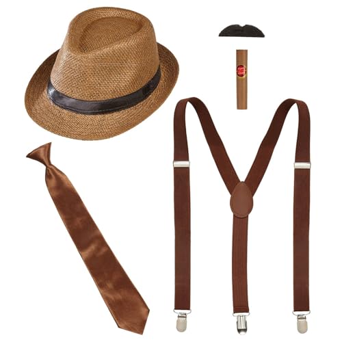 Widmann 68557 - Kostüm-Set Die Wilden 20er, 5-teilig, Mütze, Hosenträger, Schnurrbart, Krawatte und Zigarre, Charleston, Gangster, Mafia-Boss, Accessoires, Karneval, Verkleidung, Mottoparty