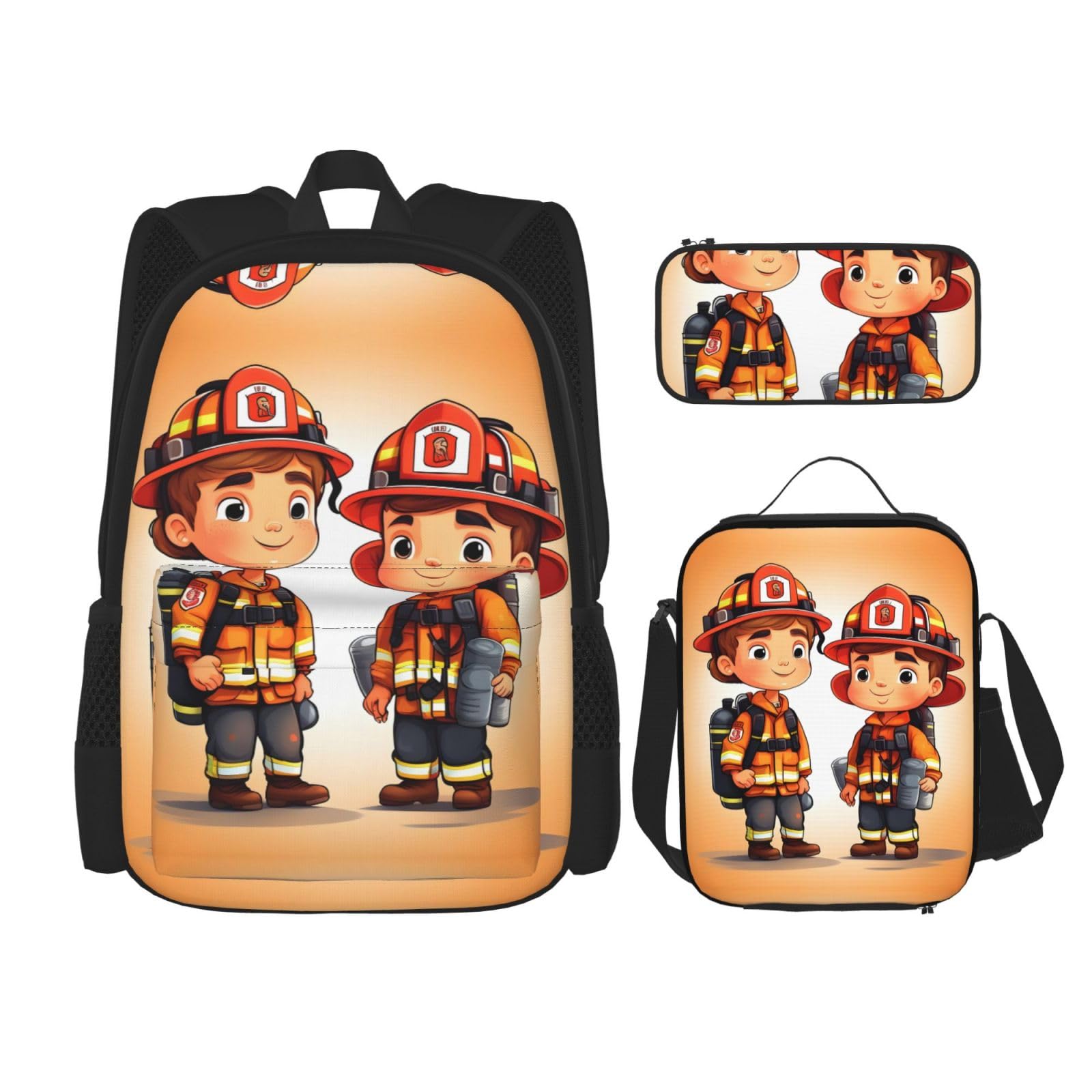 WURTON Kleine Jungen und Mädchen in Feuerwehrleuten Druck Lunchbox Federmäppchen Rucksack Set 3 Stück verstellbare Träger langlebig leicht, Schwarz, One Size