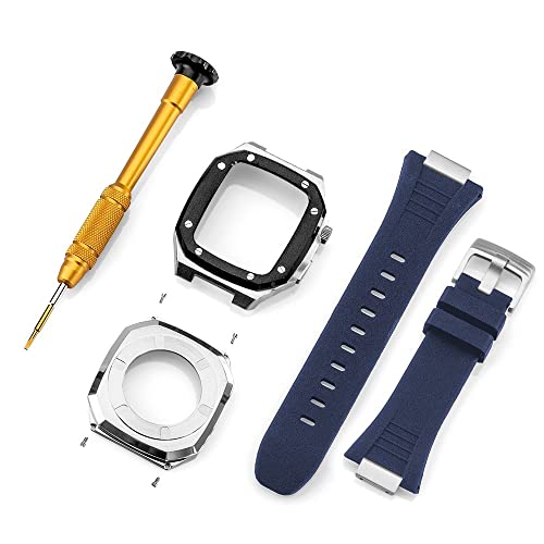 KANUZ Edelstahlarmband für Apple Watch, Armbandmodifikation, 45 mm, 44 mm, 41 mm, Metall-Mod-Kit-Set für iWatch Serie 8, 7, 6, SE 5, 4, 3, 2, 1 (Farbe: Schwarz, Silber-Blau, Größe: 44 mm)