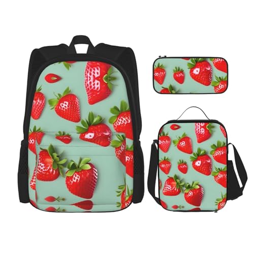 WURTON Lovely Strawberry Print Travel Lunch Box Pencil Case Backpack Set 3 Pieces Adjustable Straps Lightweight, Schwarz, Einheitsgröße