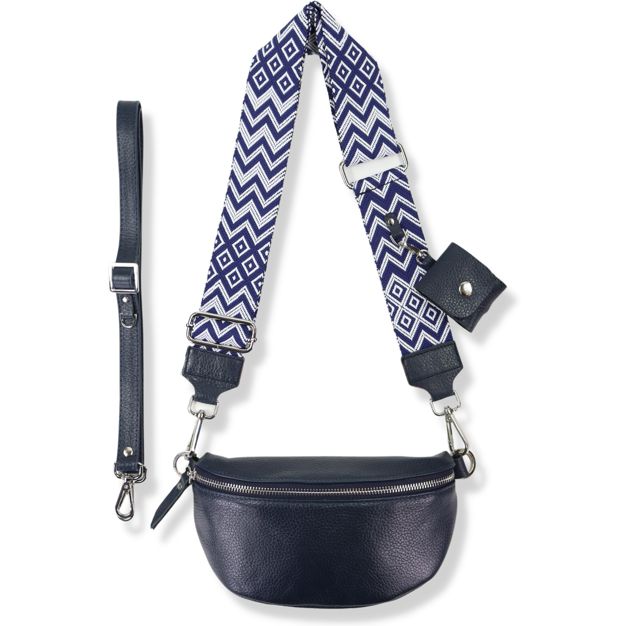 Blade Bauchtasche Damen Echtleder, stylisch Umhängetasche Damen, Crossbody Bag Damen mit 2 abnehmbaren verstellbaren Schultergurten und mit ETUI für Airpods1/2 für Frauen-Navy (Klein/Opt-3)