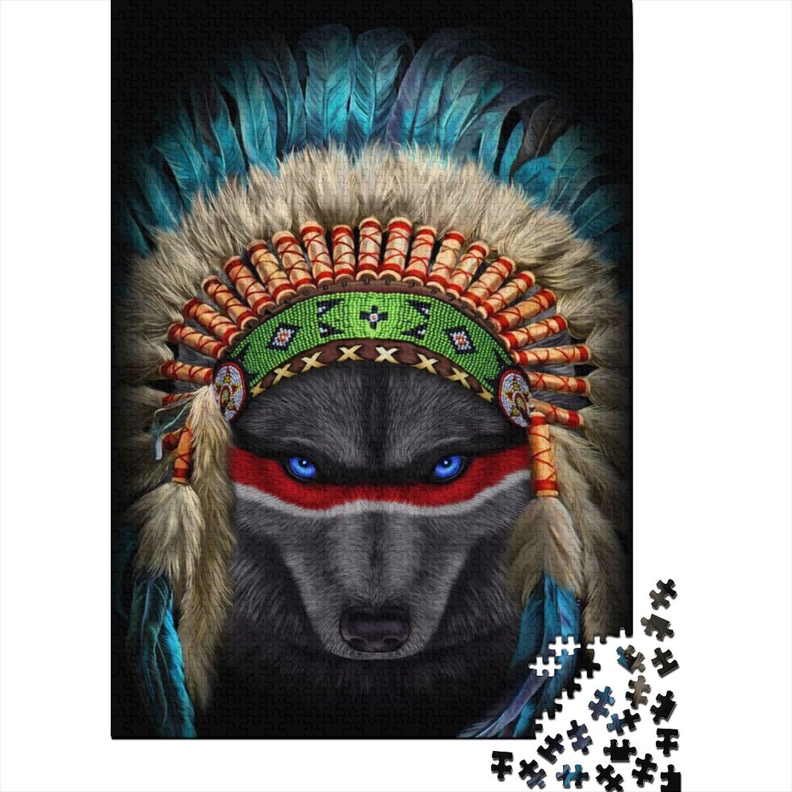 Indianer-Kriegshäuptling, Wolf, Puzzle 1000 Teile für Erwachsene und Jugendliche von Wooden Jigsaw Puzzles ganze Familie und die 75x50cm