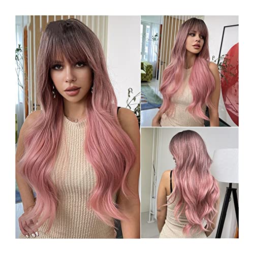 Gewellte Spitzenperücken Rosa Perücken mit Pony Long Ombre Rosa Wigs for Frauen, synthetische dunkle Wurzeln Natürlich, Wasser Wellenförmig Hitzebeständige Haare for den täglichen/Party/Cosplay Na