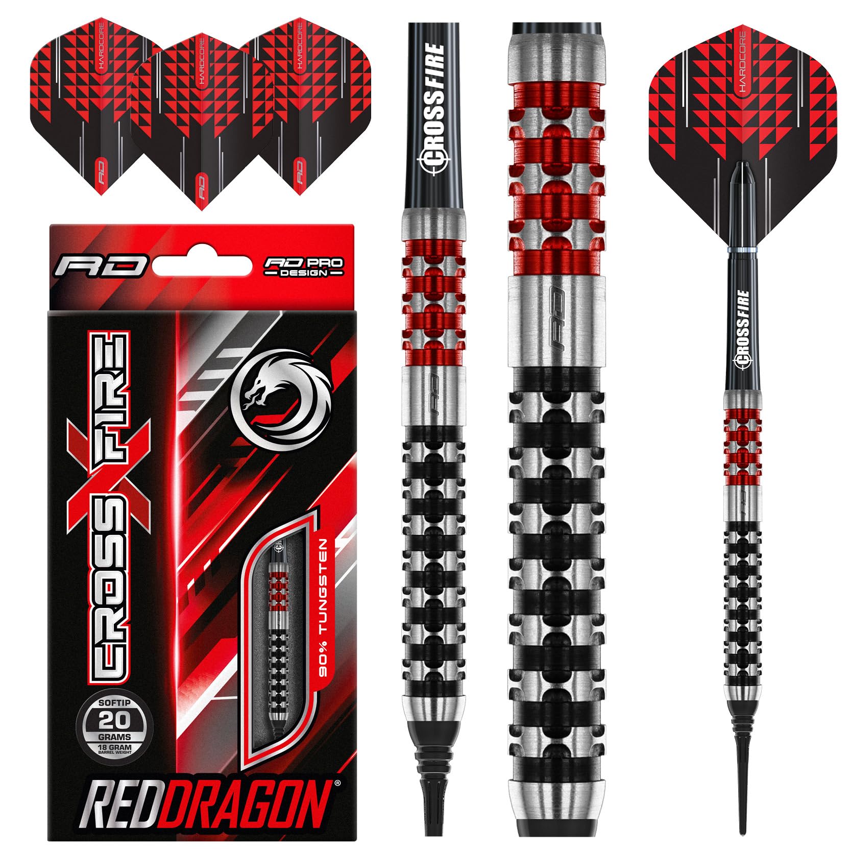 RED DRAGON Crossfire 18 Gram Softip Premium Tungsten Darts Set with Flights and Stems