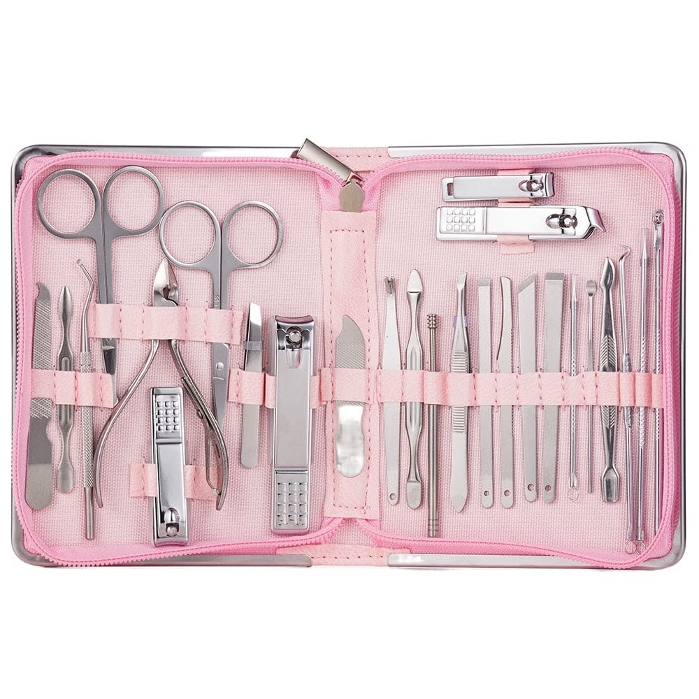 SCRUBY Professionelles Nagelwerkzeug-Set, Stahl, Nagelknipser, Pediküre-Set, multifunktional, tragbar, Maniküre, Schneider, Nagel-Set (26 Stück, Rosa)