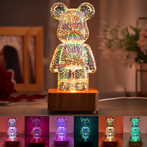 Asslye 3D Feuerwerk Bär Nachtlicht 8 Farben ändern LED Bären Lampe Leuchtende Tischdekoration Geschenk für Mädchen Kinder