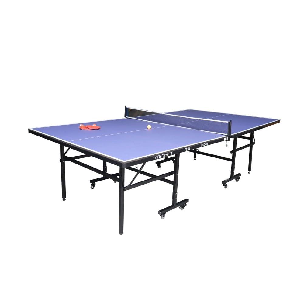 TechFit Tavolo da Ping Pong per Interni - Dimensioni tornei, Robusto Pannello in Resina melaminica da 4mm con Strato Protettivo AntiGraffio,Pieghevole, T12N, Blue