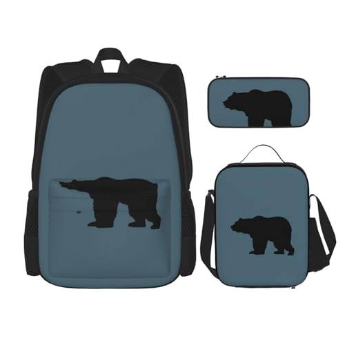 WURTON Schulrucksack mit Bären-Aufdruck, 3-in-1, Büchertasche, Set mit Lunchbox, Federmäppchen, Reise, Laptop, Tagesrucksack