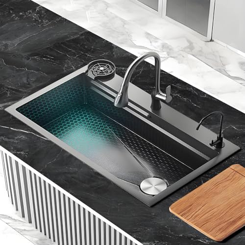 Küchenwabenspüle, Schwarz Waschbecken aus Edelstahl 304, Küche Einbau Spüle mit Ausziehbarem Wasserhahn, Multifunktionale Spülbecken mit Becken im Becken und Massivholz-Schneidebrett für Camping(80*45