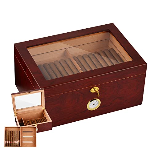 JMbpkduHs Zigarren-Humidor Aus Zedernholz Mit Glasplatte Und Präzisions-Digital-Hygrometer, Abnehmbarem Tablett, Zigarrenbox Für 30–50 Zigarren, Tolles Geschenk Für Alle Zigarrenliebhaber,B