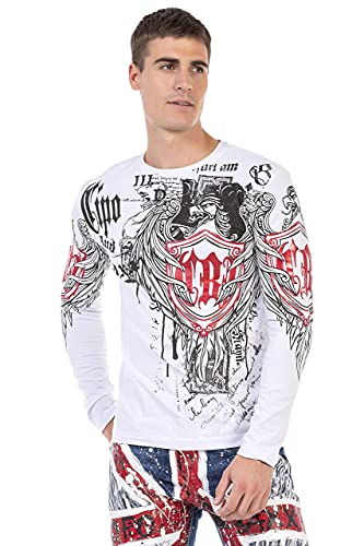 Cipo & Baxx Herren Langarmshirt Sweater Longsleeve Print Sweatshirt Rundhals CL477 Weiß L