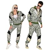 W WIDMANN MILANO Party Fashion - Kostüm 80er-Jahre Trainingsanzug Dollar, leuchtet unter UV-Licht, Jacke und Hose, Geldscheine, Jogginganzug, Retro-Style, Bad Taste Party, Karneval