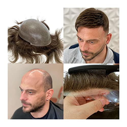 Toupet für Männer Haarersatz Systeme Indisches Remy-Haar, 0,04–0,06 mm, dünne Haut, V-förmiges Echthaar-Toupet, 20,3 x 25,4 cm, PU-Poly-Toupet-Haarersatzsystem for Männer Perücke Männer(120%)