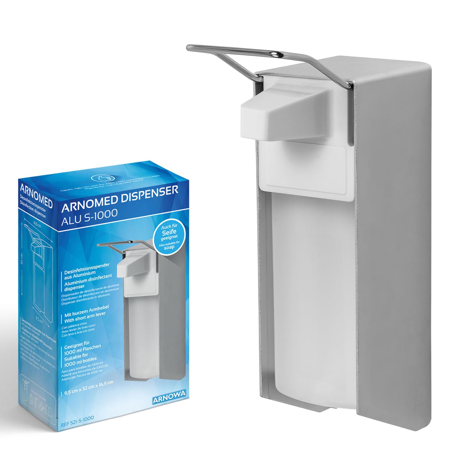 1x ARNOMED Desinfektionsspender Aluminium, Seifenspender für 1000ml, kurzer Armhebel, Seifenspender zur Wandbefestigung, Eurospender für Desinfektionsmittel, Soap Dispenser, Desinfektionsmittelspender