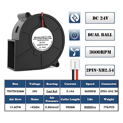 Kreiselgebläse, Luftbeweger, 2PCS DC 5V 12V 24V 75mm X 30mm Radialgebläse Fan 7530 7,5 cm Dual Ball Turbo Kühler Fan 75mm Purifier Kühlkörper Fan für die Belüftung von Industrie, Haushalt(24V Dual Bal