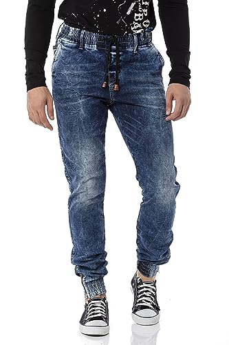 Cipo & Baxx Herren Jeanshose Jogger Gummi Freizeithose Pants Hose CD807 Blau W34 L32