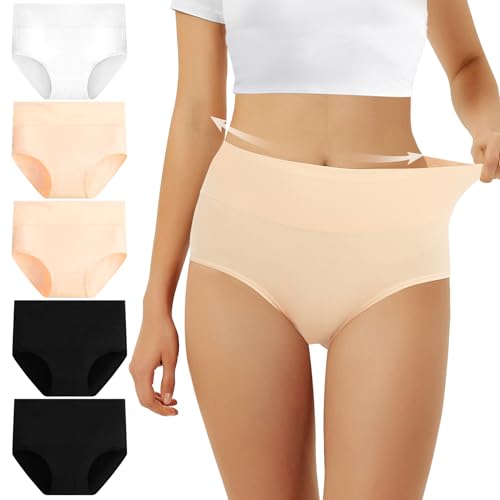 FALARY Bauchweg Unterhose Damen Unterhosen Damen Unterwäsche Baumwolle 5er Pack Slip Hohe Taille Unterhose Taillenslip Sportunterhosen für Damen XL Schwarz Hautfarben Weiß