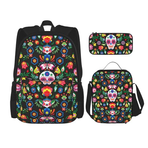 WURTON Sugar Horror Totenkopf und Blumen Druck Lunchbox Federmäppchen Rucksack Set 3 Stück Verstellbare Träger Langlebig Leicht, Schwarz, One Size