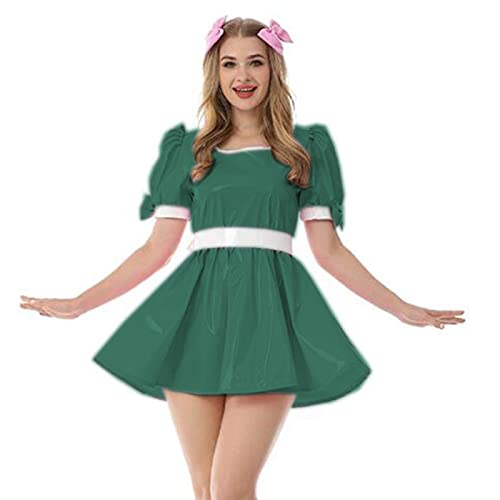 Leder PVC Kleid Damen Kragen Vinyl Minikleid Sommer Jungfrau Kostüm Fancy Bow Oversize Damenkleid, Dunkelgrün, L