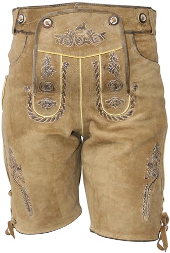 La Chasse® Trachten-Lederhose Wörgl mit Stickerei und Hosenträger kurz Oefele Jagdbekleidung (DE/NL/SE/PL, Numerisch, 58, Regular, Regular, Beige)