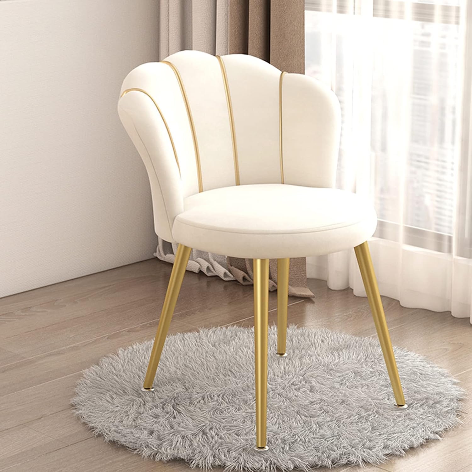 Vanity Chair Mit Rückenlehne, Muschelförmiger Wohnzimmerstuhl Mit Goldenen Metallbeinen, Gepolsterter Stoffsitz, Für Wohnzimmer/Ankleidezimmer/Schlafzimmer/Heimbüro/Küche,Weiß,Weiß