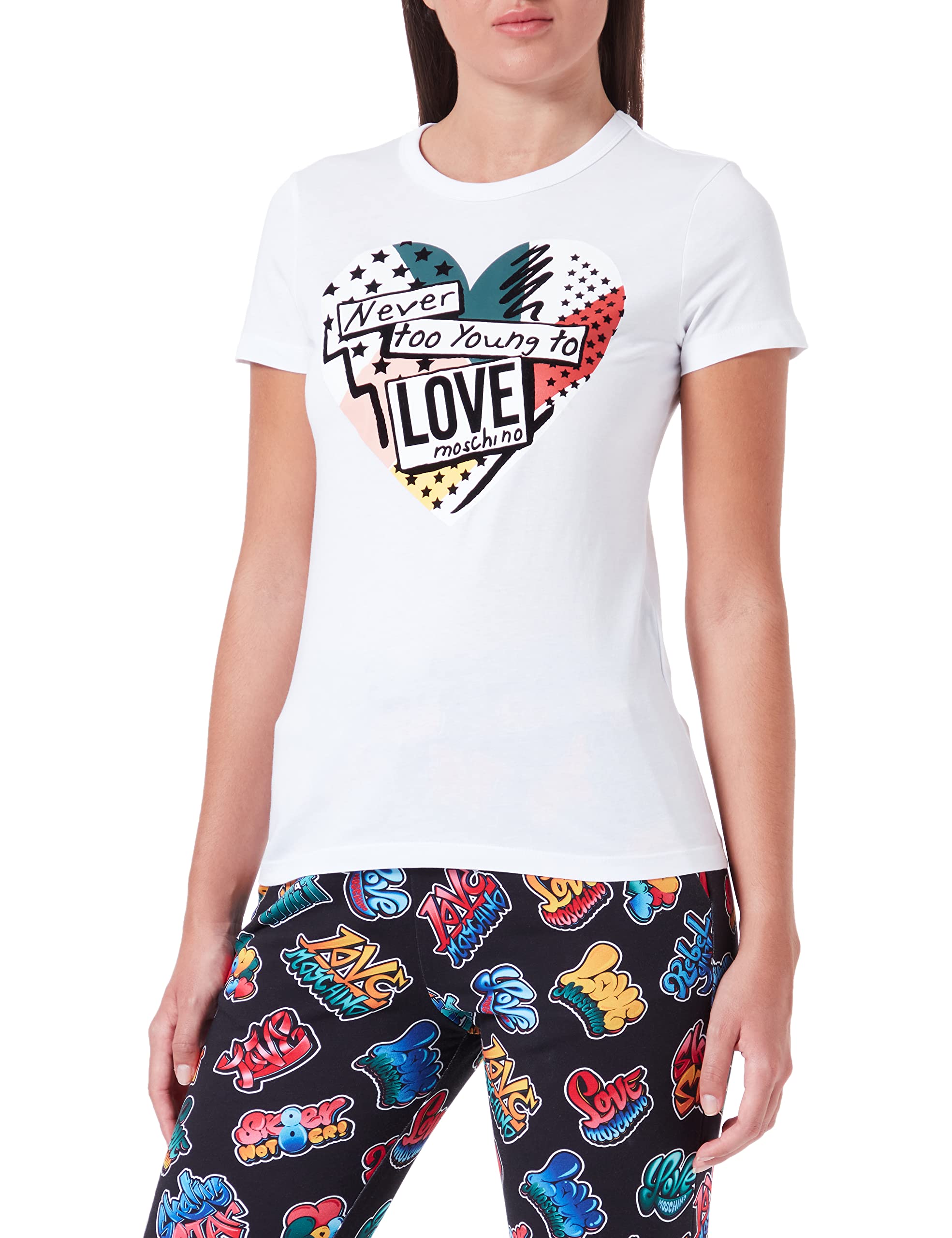 Love Moschino Damen Slim Fit Short Sleeves T-shirt With Patchwork Heart Print T Shirt, Optical White, 42 EU