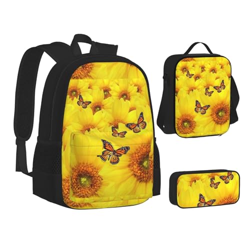 WURTON Gelbe Blumen Schmetterlinge Druck Teenager Büchertasche Mittagessen Tasche Federmäppchen 3 in 1 Schulrucksäcke Set Kinder Rucksack