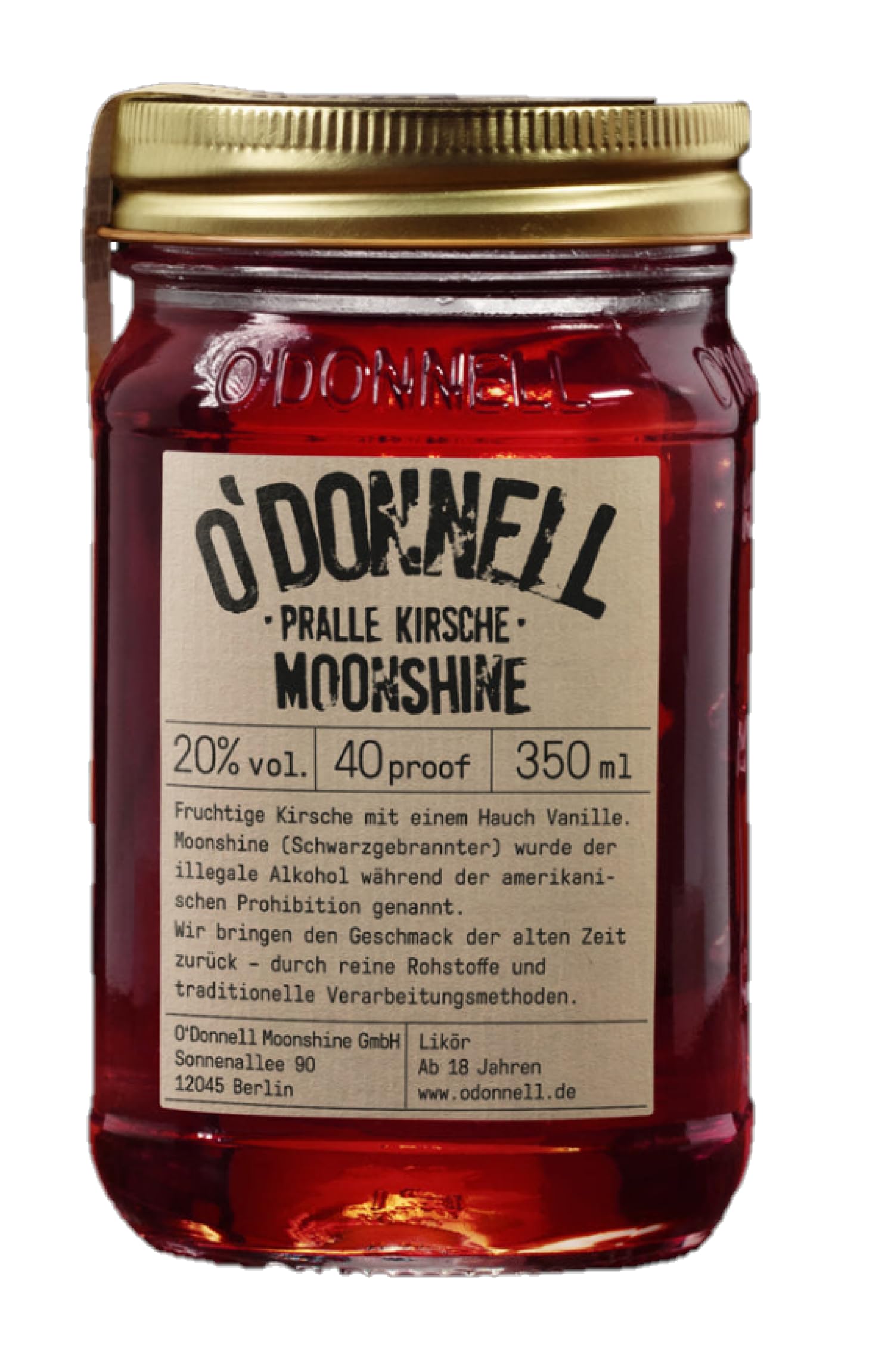 O'Donnell Moonshine “Pralle Kirsche” Likör (350 ml) I Made in Germany I Natürliche Zutaten I Premium Kirsch Schnaps nach Amerikanischer Tradition I 20% Vol. Alkohol