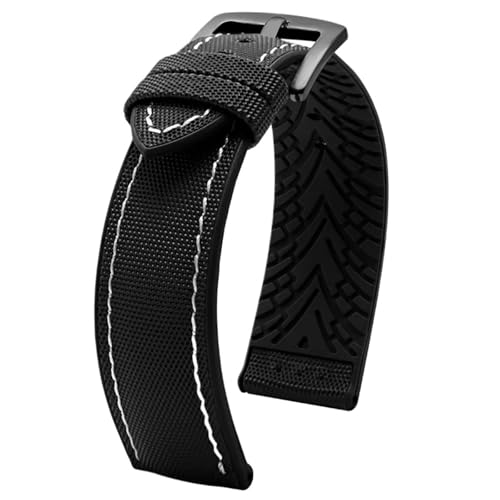 THBGTCNQ 20 mm 22 mm 24 mm Uhrenarmband aus Nylon mit Silikonunterseite for Herren, weiches, wasserdichtes Gummiarmband, Zubehör for herkömmliche Uhren und Smartwatches(Black white02,20mm)