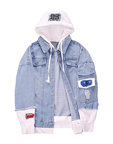 Idopy Herren Jeansjacke mit Kapuze Hip Hop Button Down Ripped Jeans Jacke Mantel Outwear