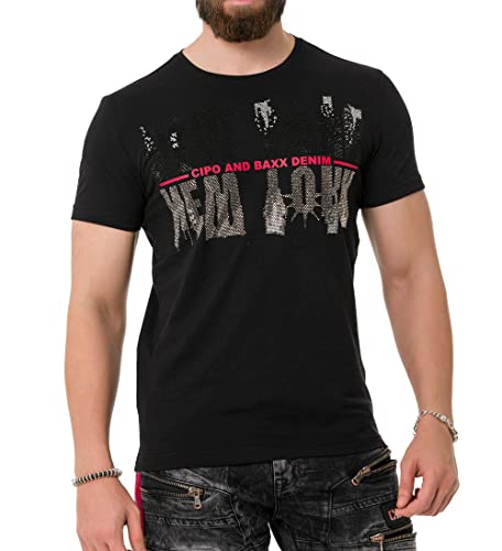 Cipo & Baxx Herren Strasssteine Print T-Shirt Kurzarm CT733 Schwarz XXL