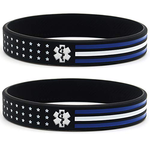 6 x dünne weiße Linie amerikanische Flagge Armbänder für EMS-Arbeiter - Großpackung von 6 Stück Silikon Gummi Armbänder für Notfallmedizin - Zubehör Geschenke für Sanitäter, EMTs, Männer und Frauen