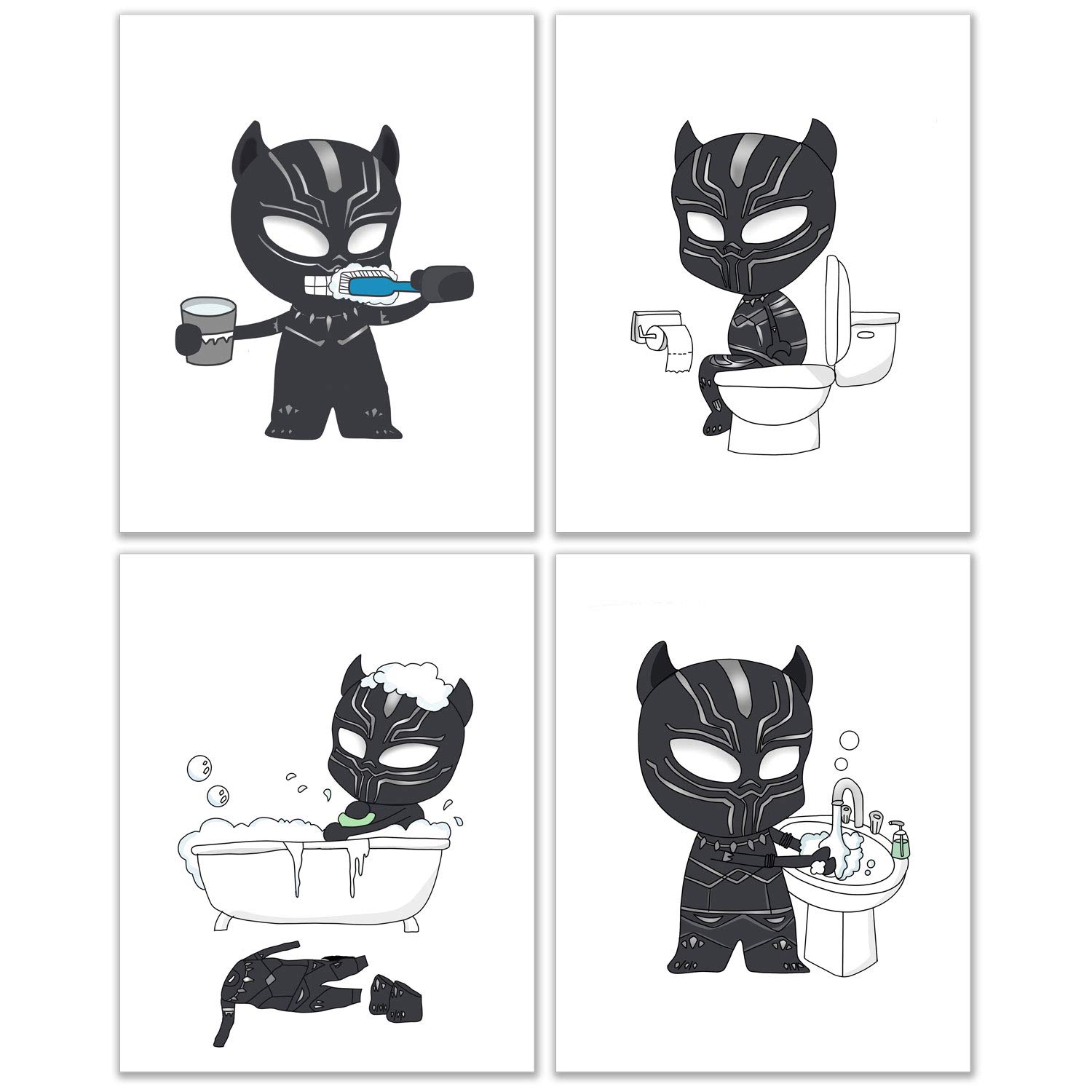 Black Panther Badezimmer-Fotos – Set von 4 (20,3 x 25,4 cm) Kinderdrucken