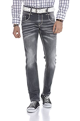 Cipo & Baxx Herren Jeans Hose Denim Used Design Destroyed Pants Straight Fit Regular Casual Jeanshose CD668 Grau W32 L34