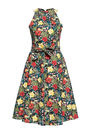 Queen Kerosin Damen Swing Kleid | Ärmellos | Neckholder | Sommerkleid | Midi | Allover Print